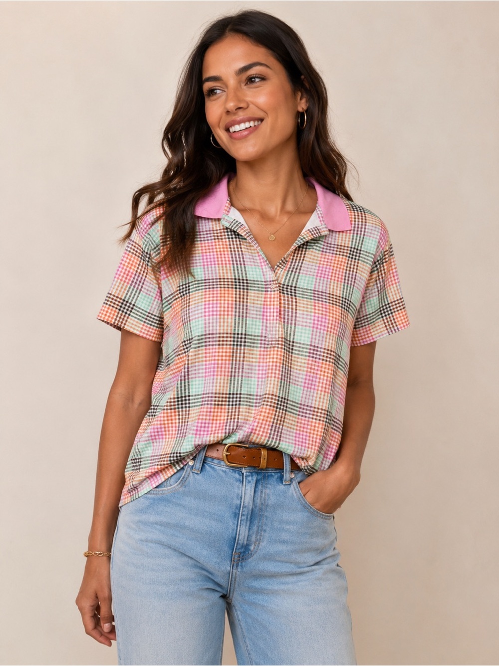 Lands’ End pastel plaid polo Short-sleeve collared top 100% cotton